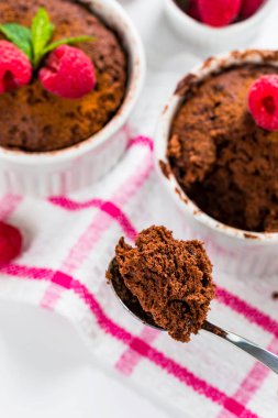 Çikolatalı kek kupası. Porsiyon Kasesinde Anında Çikolatalı Pasta. Seçici odak.