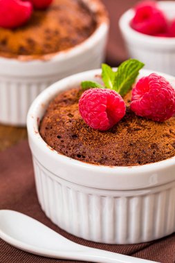 Çikolatalı kek kupası. Porsiyon Kasesinde Anında Çikolatalı Pasta. Seçici odak.