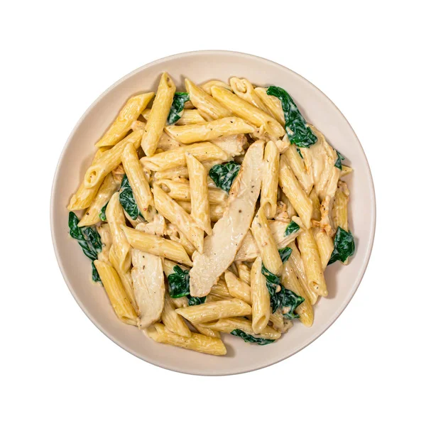 Chicken Alfredo Pasta Spinach Isolated White Selective Focus — Stock Photo, Image