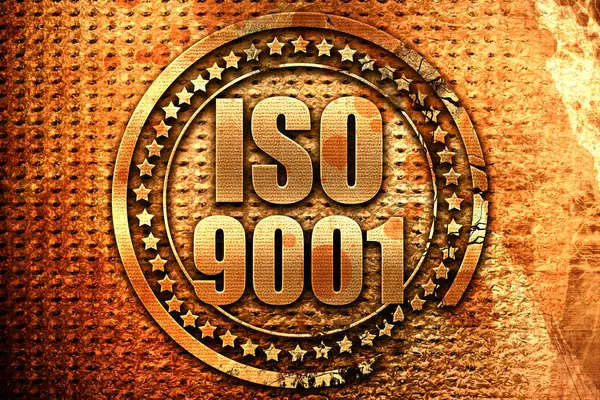 ISO 9001, 3d-leképezést, grunge Fémbélyegző — Stock Fotó
