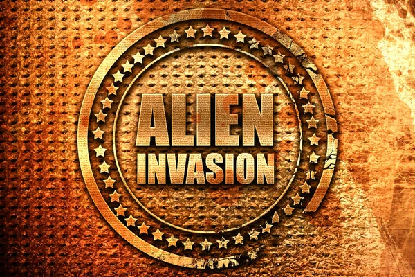 alien invasion, 3D rendering, grunge metal stamp