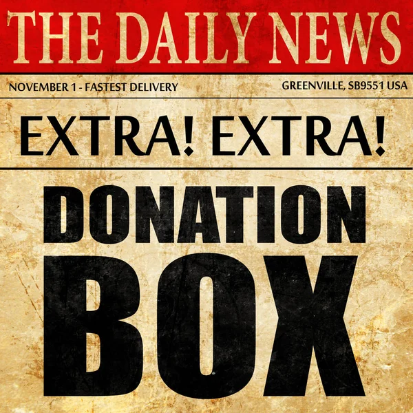 donation box, newspaper article text