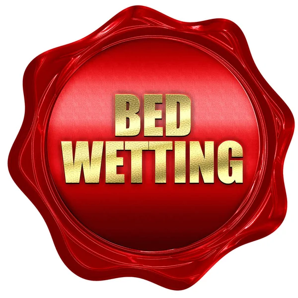 Molhar a cama, renderização 3D, selo de cera vermelha com texto — Fotografia de Stock