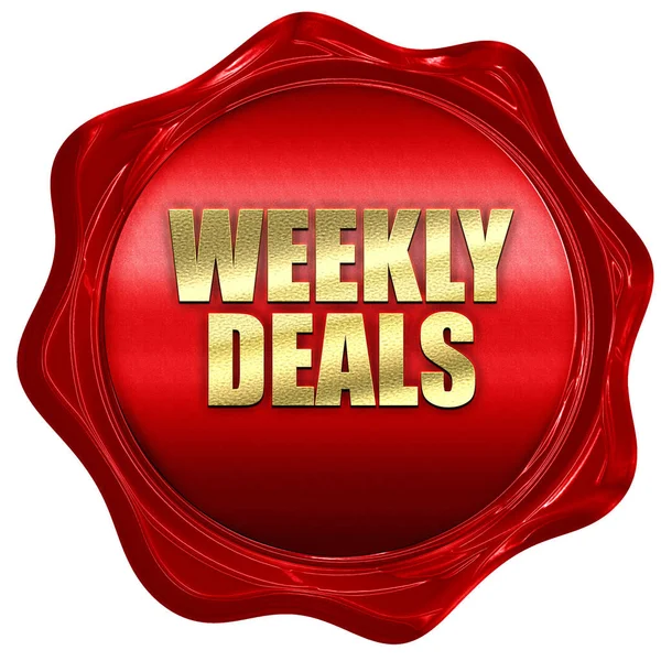Weekly deals, 3D rendering, red wax stamp with text — Stock Photo, Image