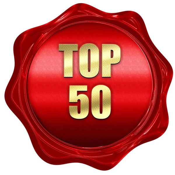 Top 50, rendu 3D, tampon cire rouge avec texte — Photo