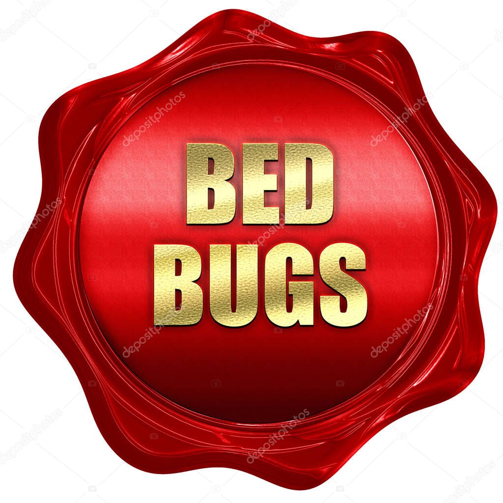 bed bugs, 3D rendering, red wax stamp with text