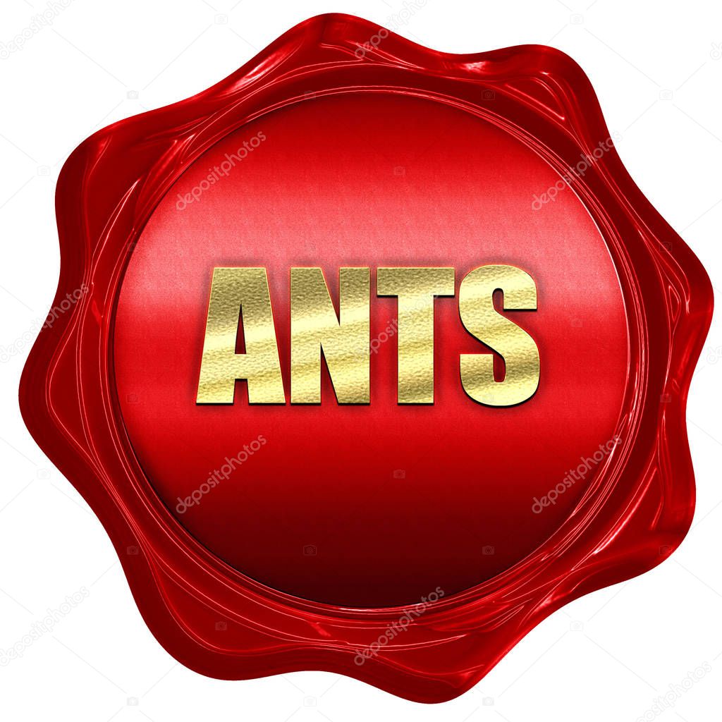 ants, 3D rendering, red wax stamp with text