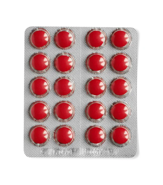Pillole Rosse Tavoletta Argento Isolato Sfondo Bianco Con Percorso Ritaglio — Foto Stock