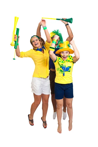 Brazilian family fans jumping Stock Photo