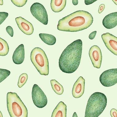 Olgun avokado kesit görünümü kaotik seamless modeli. Suluboya resim. Avokado yazdırılabilir kağıt