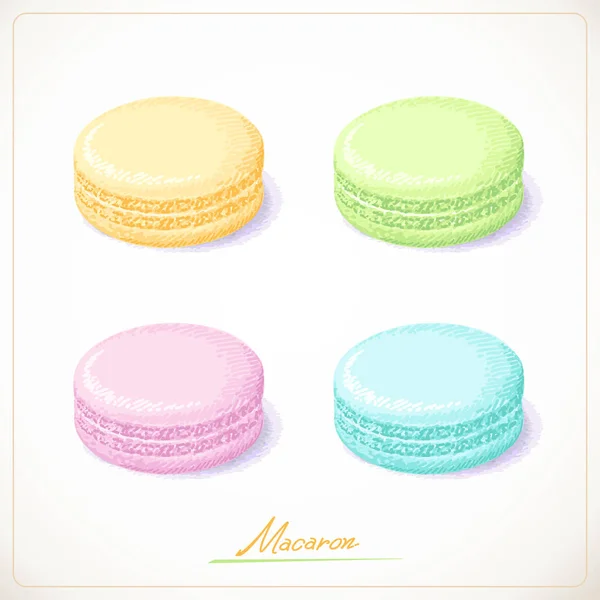 Macarons français colorés, croquis dessiné à la main sur fond blanc — Image vectorielle