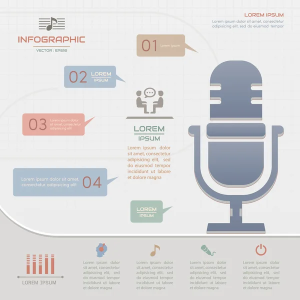 Infographics Microphone design template with icons, process diag — Stock Vector