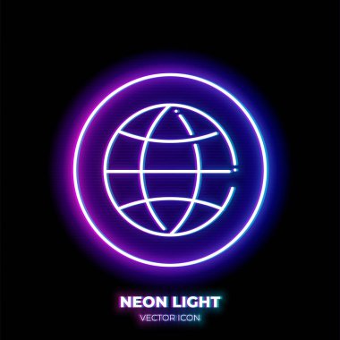 Globe neon ışık çizgisi sanat vektör simgesi. Dünyanın ana sembolü. İnce felçten yapılmış bir yeryüzü resmi. Arkaplanda izole.