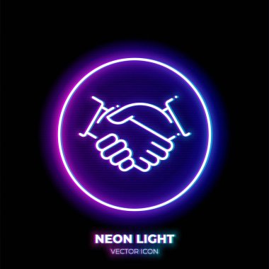 El sıkışın neon ışık çizgisi sanat ikonu. Anlaşmanın ana sembolü. İnce felçten yapılmış ortaklık fotoğrafı. Arkaplanda izole.