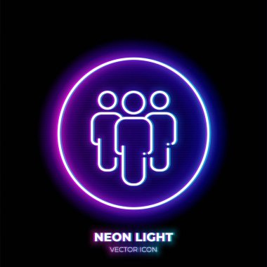 Takım çalışması neon ışık çizgisi sanat ikonu. Bir grup insanın ana sembolü. İnce vuruşlardan oluşan bir takım fotoğrafı. Arkaplanda izole.