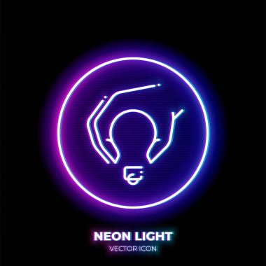 El, ampul, neon ışık çizgisi, sanat vektörü ikonunu al. Fikrin ana sembolü. İnce felçten ilham alan bir resim. Arkaplanda izole.