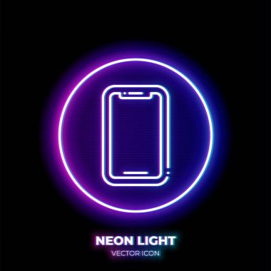 Akıllı telefon neon ışık çizgisi sanat ikonu. Modern telefonun ana hatları. İnce felçten yapılmış cep telefonu piktogramı. Arkaplanda izole.