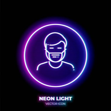 Tıbbi maskeli adam neon ışık çizgisi sanat ikonu. Hastalıktan korunmanın ana sembolü. Virüs, ince felçten oluşan önleme piktogramını yayıyor. Arkaplanda izole.
