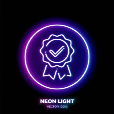 Neon ışık çizgisi sanat ikonu garantisi. İşaretli kalite ambleminin ana hatları. İnce felçten yapılmış bir resim. Arkaplanda izole.