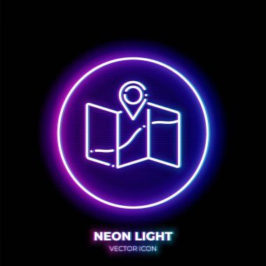 Konum lokasyonu neon ışık çizgisi resim ikonu olan bir harita. Seyahat güzergahının ana sembolü. İnce felçten yapılmış navigasyon çizelgesi. Arkaplanda izole.