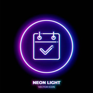 Kontrol işaretli neon ışık çizgisi sanat vektörü simgesiyle takvim. İş hatırlatmasının ana sembolü. İnce felçten yapılmış bir resim çizelgesi. Arkaplanda izole.