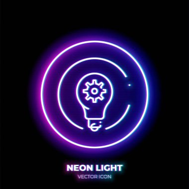 Dişli neon ışık çizgisi sanat ikonu olan ampul. Yenilik fikrinin ana hatları. İnce vuruştan yapılmış yaratıcı çözelti piktogramı. Arkaplanda izole.