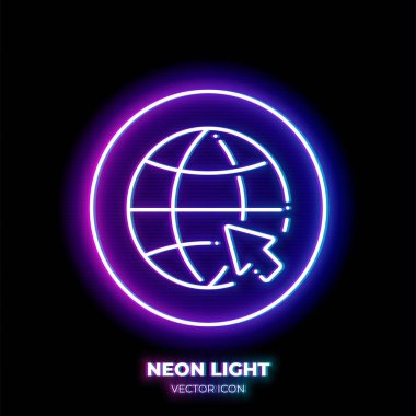 Fare imleci neon ışık çizgisi sanat ikonu olan bir dünya. İnternet tarayıcısının ana simgesi. İnce vuruştan oluşan bir ağ resmi. Arkaplanda izole.