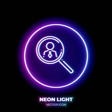 İnsan figürü neon ışık çizgisi sanat ikonu olan büyüteç. İnsanların arama sembolü. İnce felçten yapılmış bir resim çekimi. Arkaplanda izole.