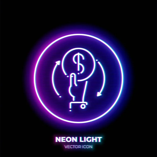 Mão Com Moeda Neon Luz Linha Arte Vetor Ícone Esboço —  Vetores de Stock