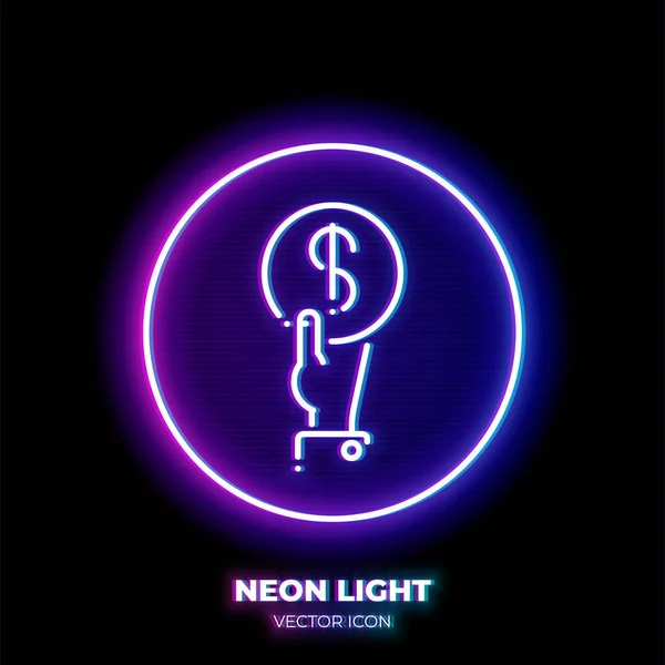 Mão Com Moeda Neon Luz Linha Arte Vetor Ícone Esboço —  Vetores de Stock