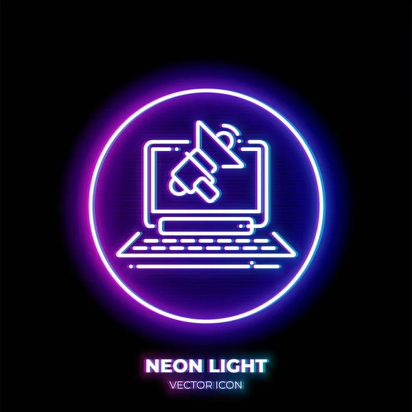 Laptop Loudspeaker Neon Light Line Art Vector Icon Outline Symbol — Stock Vector