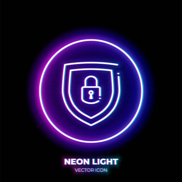 Bloquear Escudo Neon Luz Linha Arte Vetor Ícone Esboço Símbolo —  Vetores de Stock