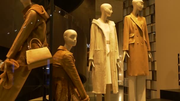 Elegante Vrouwelijke Mannequins Buurt Van Trappen Een Mode Winkel Showcase — Stockvideo