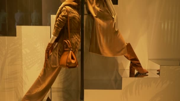 Elegante Vrouwelijke Mannequins Buurt Van Trappen Een Mode Winkel Showcase — Stockvideo