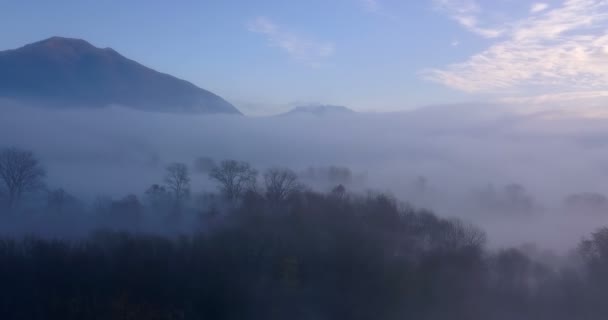 Vuela por encima de Foggy Valley — Vídeos de Stock