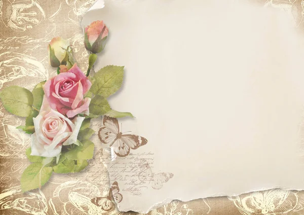 Belle carte avec des roses dans un style vintage sur fond vintage — Photo