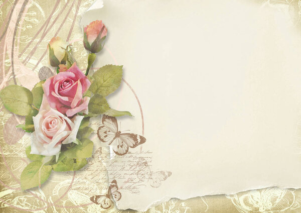 Красивая карта с розами в винтажном стиле на винтажном фоне
