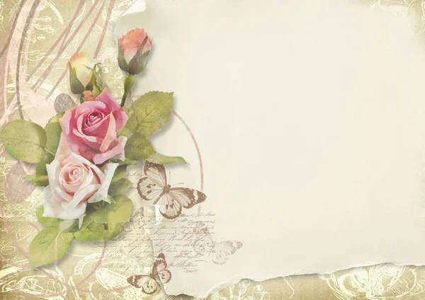 Vackert kort med rosor i vintagestil på vintage bakgrund — Stockfoto