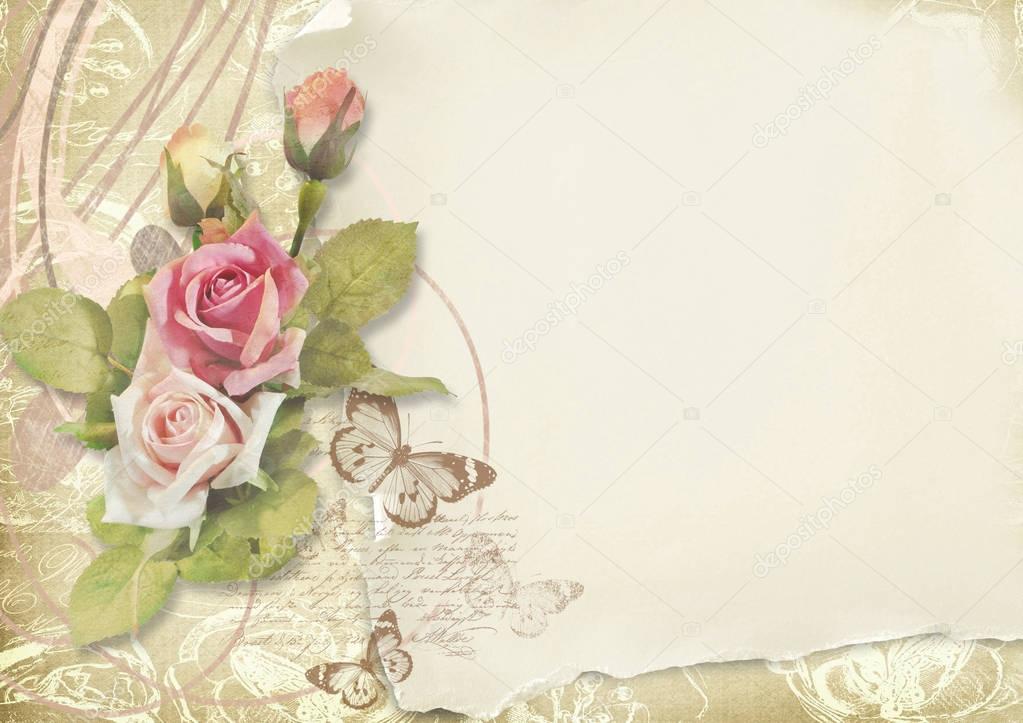 Beautiful card with roses in vintage style on vintage background