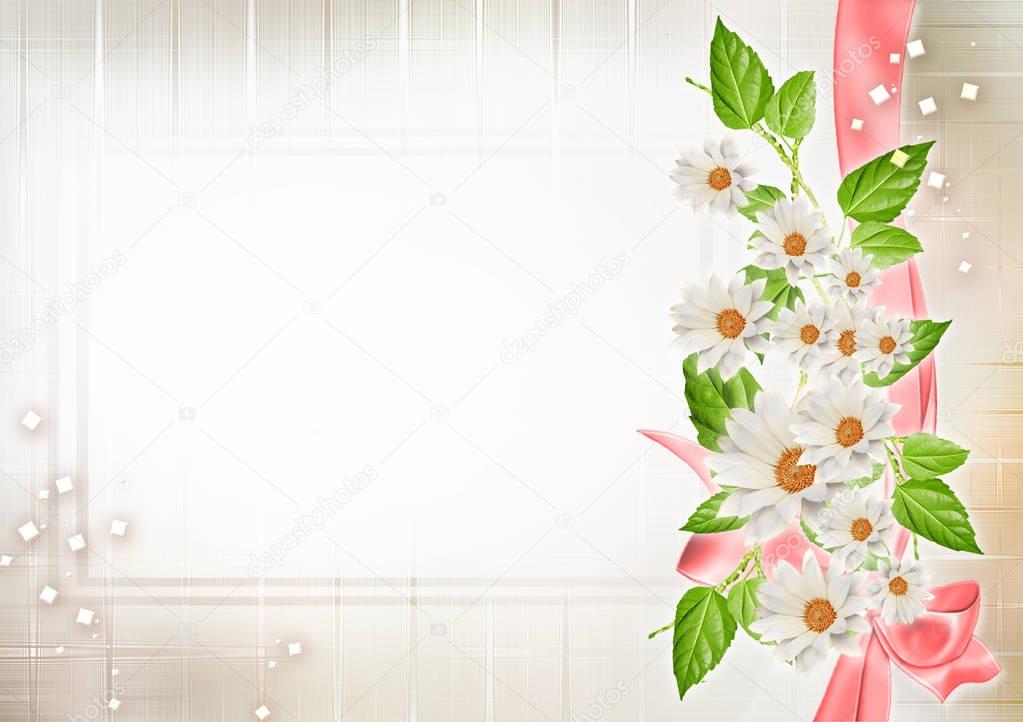 Abstract background with delicate floral composition with white flowers and ribbons, embellished with gold sequins and frame for text.