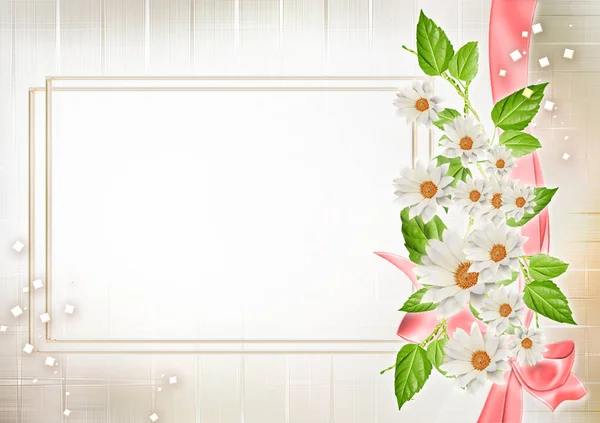 Abstracte achtergrond met delicate bloemen samenstelling met witte bloemen en linten, verfraaid met gouden pailletten en frame voor tekst. — Stockfoto