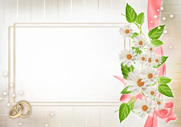 Προσκλητήριο σε λεπτή ασημένια αφηρημένα φόντο με λουλούδια, τόξα, Βέρες και ελεύθερο χώρο για το κείμενο ή φωτογραφία γάμου. — Φωτογραφία Αρχείου