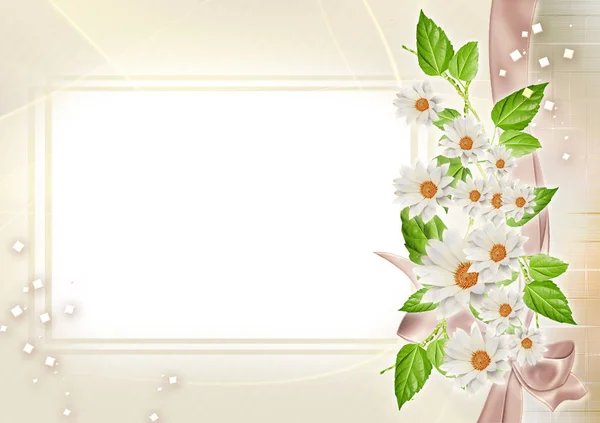 Abstrakter Hintergrund mit zarter floraler Komposition mit weißen Blumen und Bändern, verziert mit goldenen Pailletten und Textrahmen. — Stockfoto