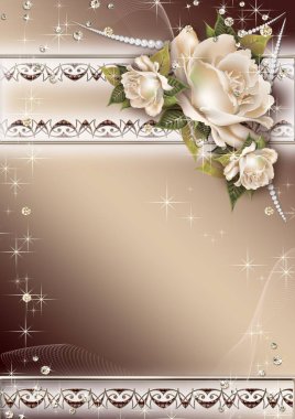 Parlak bir davetiye elmas ve metniniz için boş bir alan ile Yatay süsleme ile dekore edilmiş hassas Güllü.