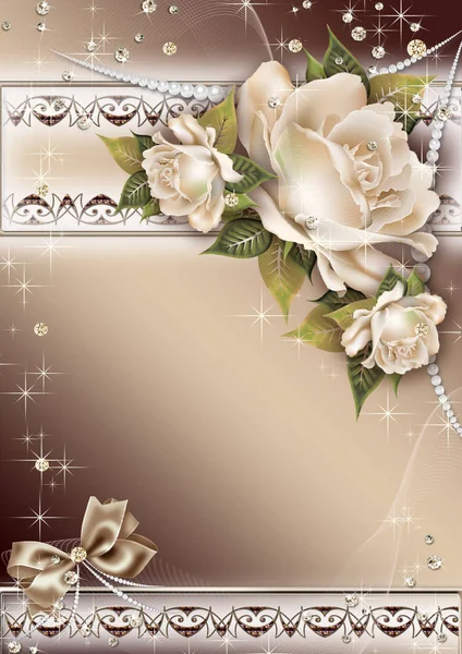Um cartão de convite brilhante com rosas delicadas, decorado com diamantes e ornamento horizontal com um espaço livre para o seu texto . — Fotografia de Stock