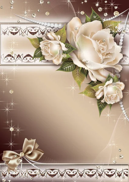 A bright invitation card with delicate roses, decorated with diamonds and horizontal ornament with a free space for your text. — Stock Photo, Image