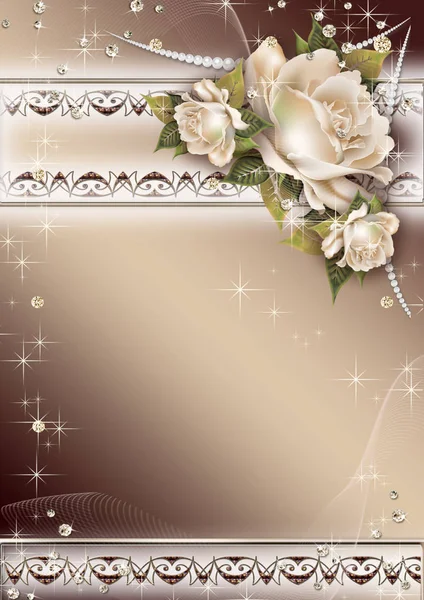 A bright invitation card with delicate roses, decorated with diamonds and horizontal ornament with a free space for your text. — Stock Photo, Image