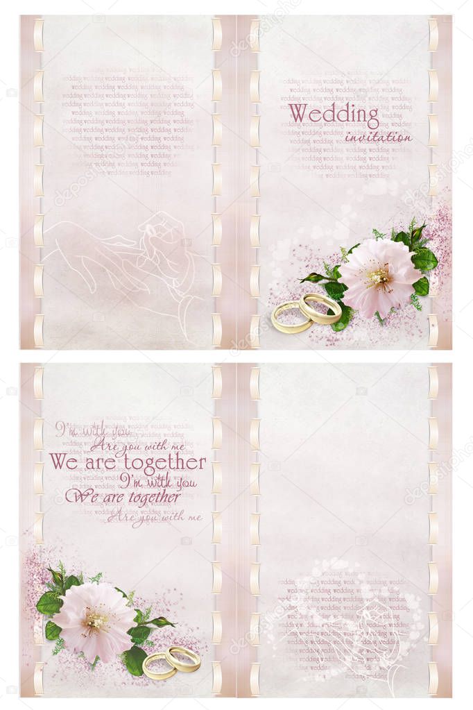 Beautiful wedding invitation on a gentle background with gold engagement rings and flowers. 