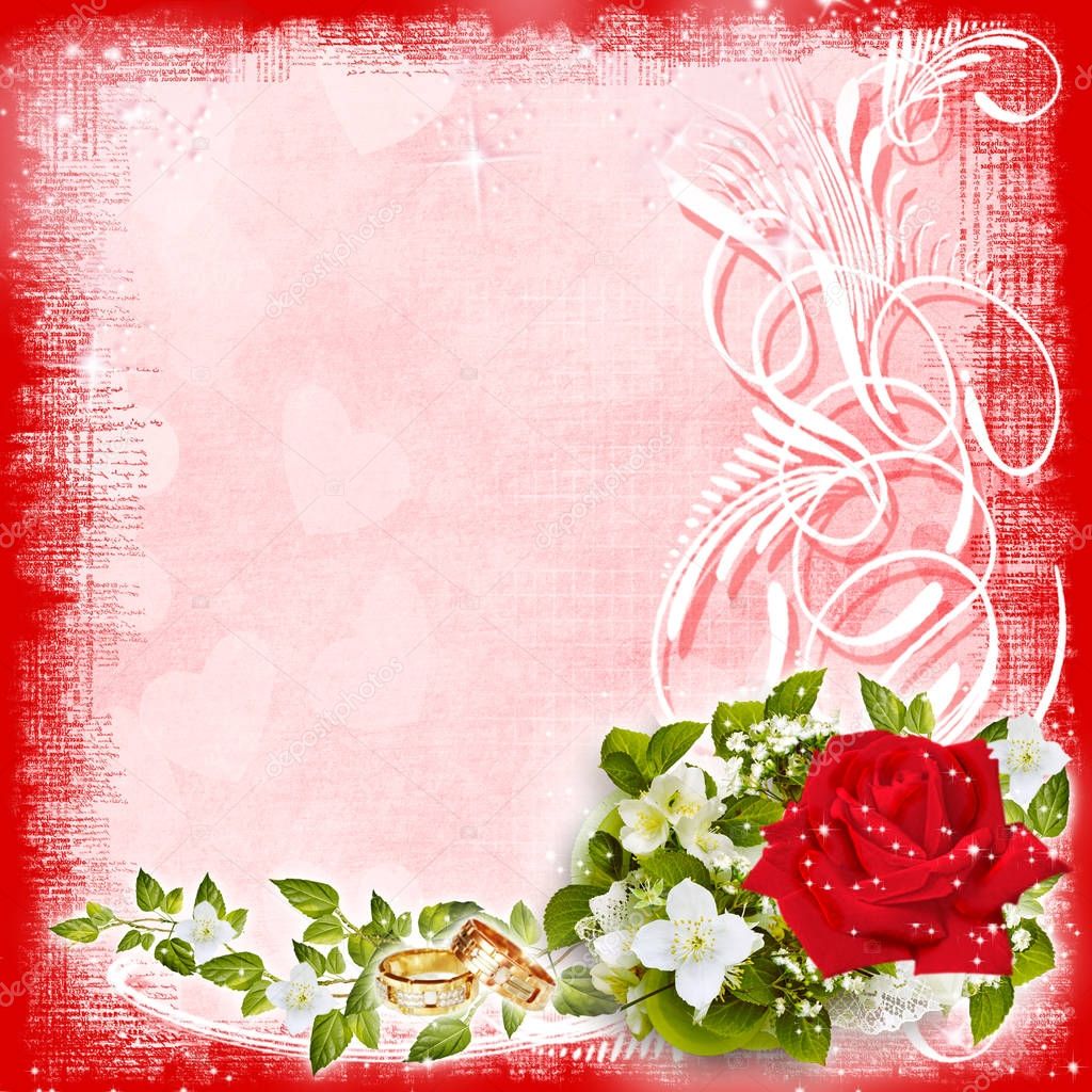 A solemn wedding card with flowers, rings, ribbons. Beautiful wedding background with flowers, wedding rings, ribbons and a free place for your editing. Perfect for wedding invitations or congratulations.