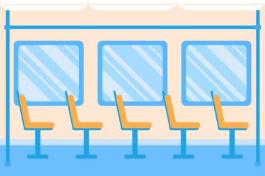 Toplu taşıma, iç döşemeler. Tramvay, koltuklu ve pencereli otobüs. Vektör düz resimleme